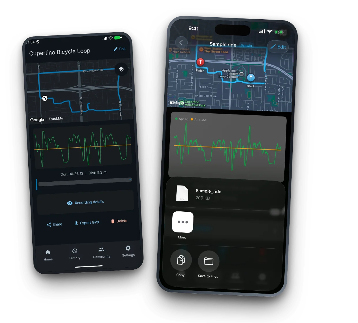 TrackMe 1.8.7 on Android and iPhone showing the export and share controls on a completed ride, including GPX export