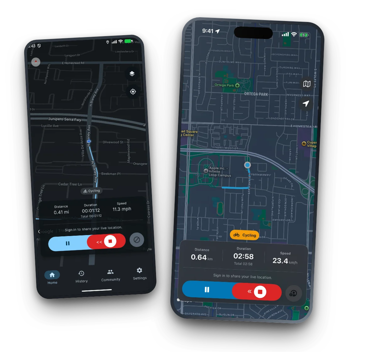 TrackMe recording a cycling route on Android and iPhone, showing live distance, duration and speed over the map