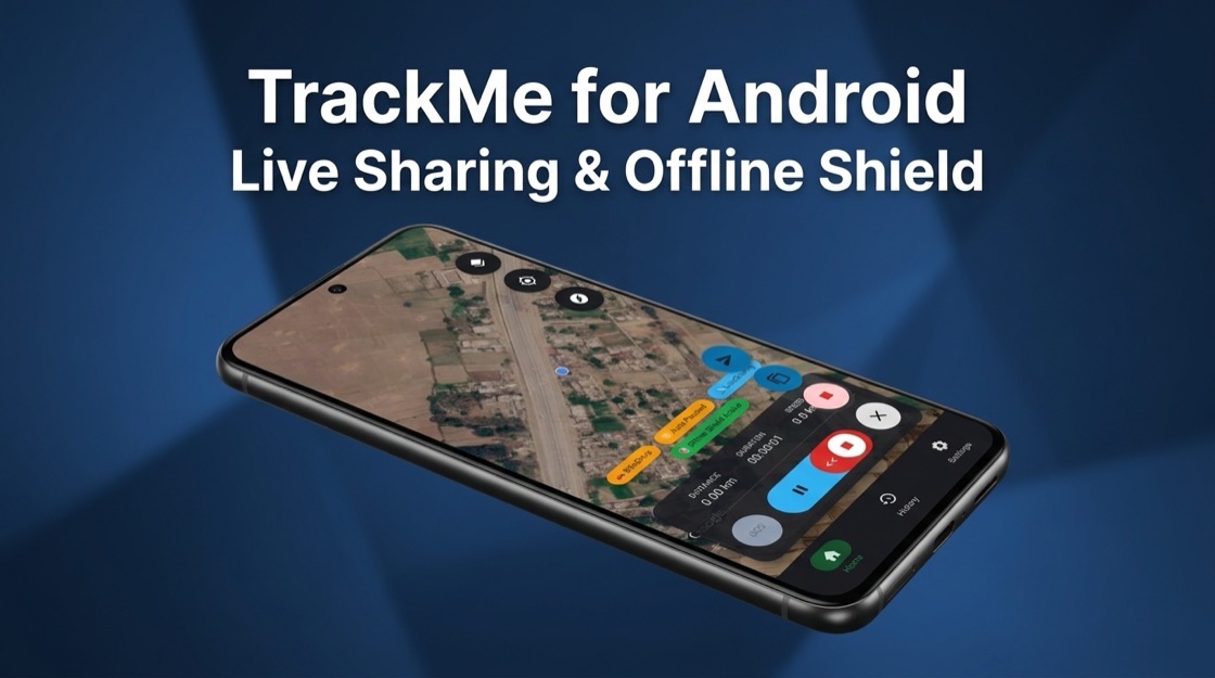 TrackMe on Android showing live sharing and the offline recording shield