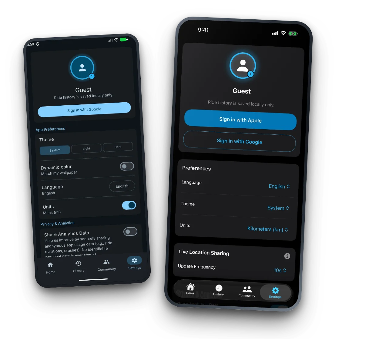 TrackMe 1.8.7 on Android and iPhone showing the settings screen in guest mode with language, theme and units preferences