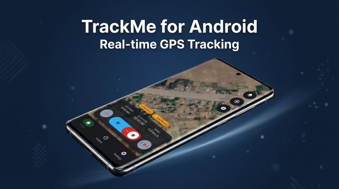 TrackMe on Android showing real-time GPS tracking on a satellite map with a live stats panel