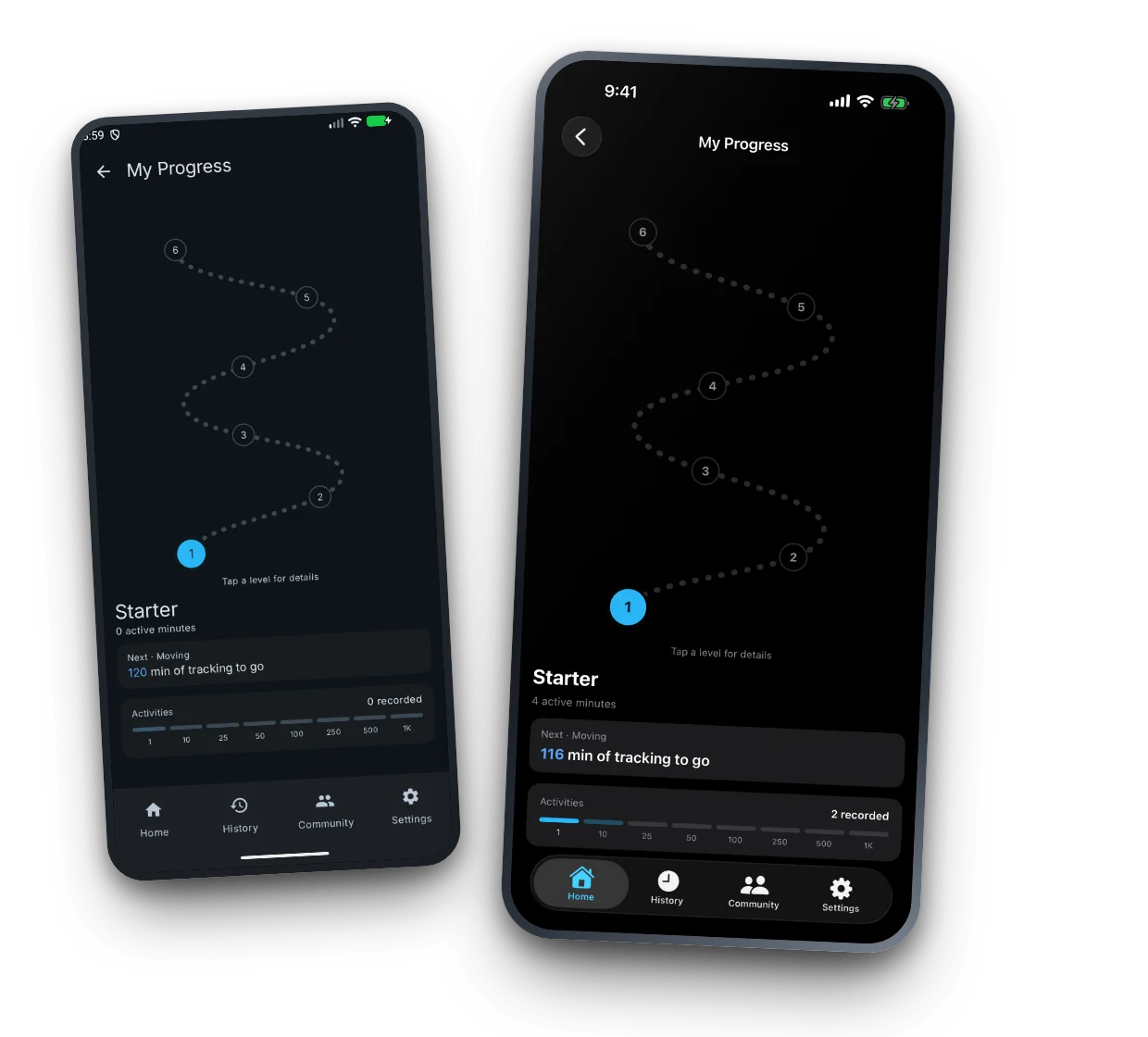 TrackMe 1.8.7 on Android and iPhone showing activity levels, the next milestone and progress bars