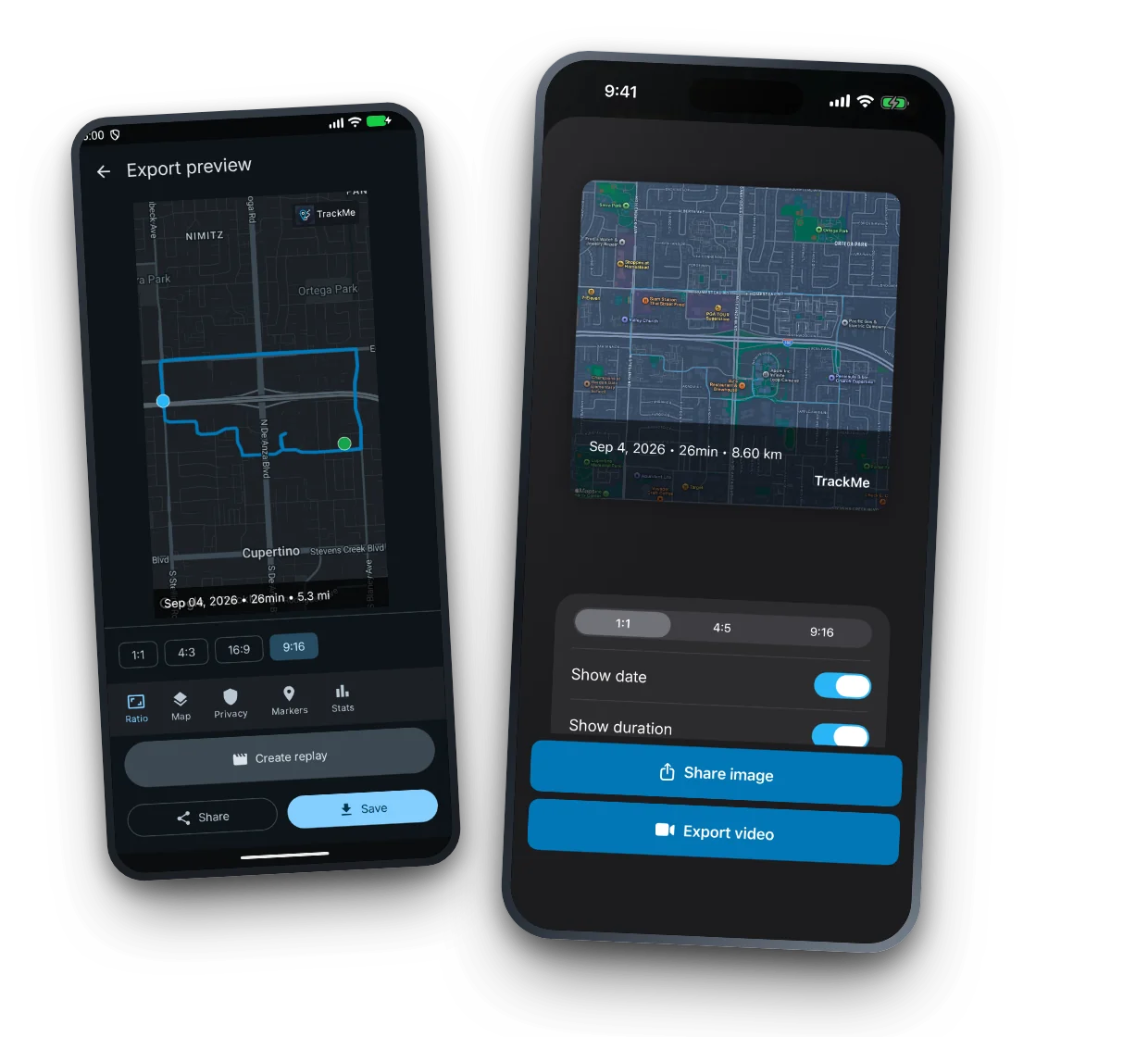 TrackMe 1.8.7 on Android and iPhone showing a route-image export preview with aspect-ratio and privacy controls