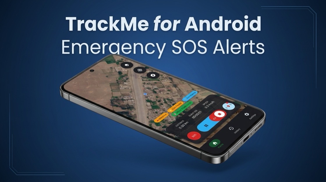 TrackMe on Android showing the emergency SOS alert control on the tracking screen