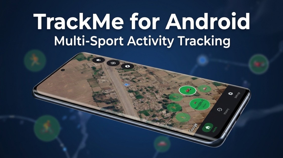 TrackMe on Android showing multi-sport activity tracking across a map